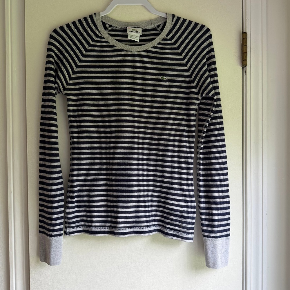 Lacoste Womens Navy Blue Striped Waffle Knit Thermal Long Sleeve Top Size 38